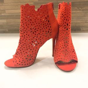 Hot Coral Laser Cut Peep Toe Heel